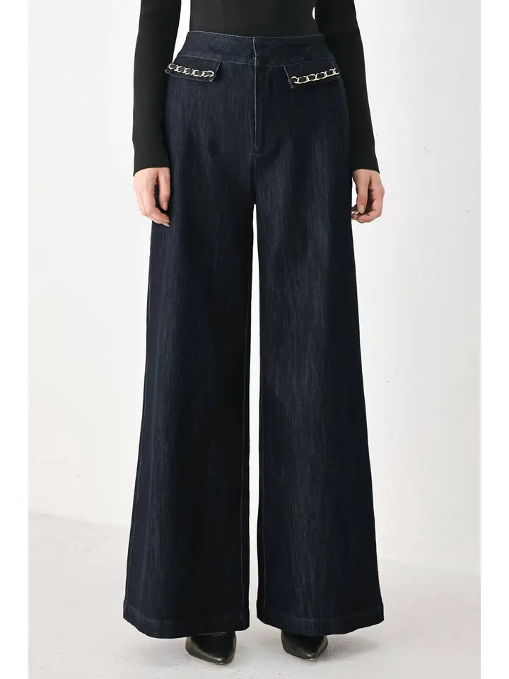 Denim Wide Leg Pant with Chain Trim on Pockets