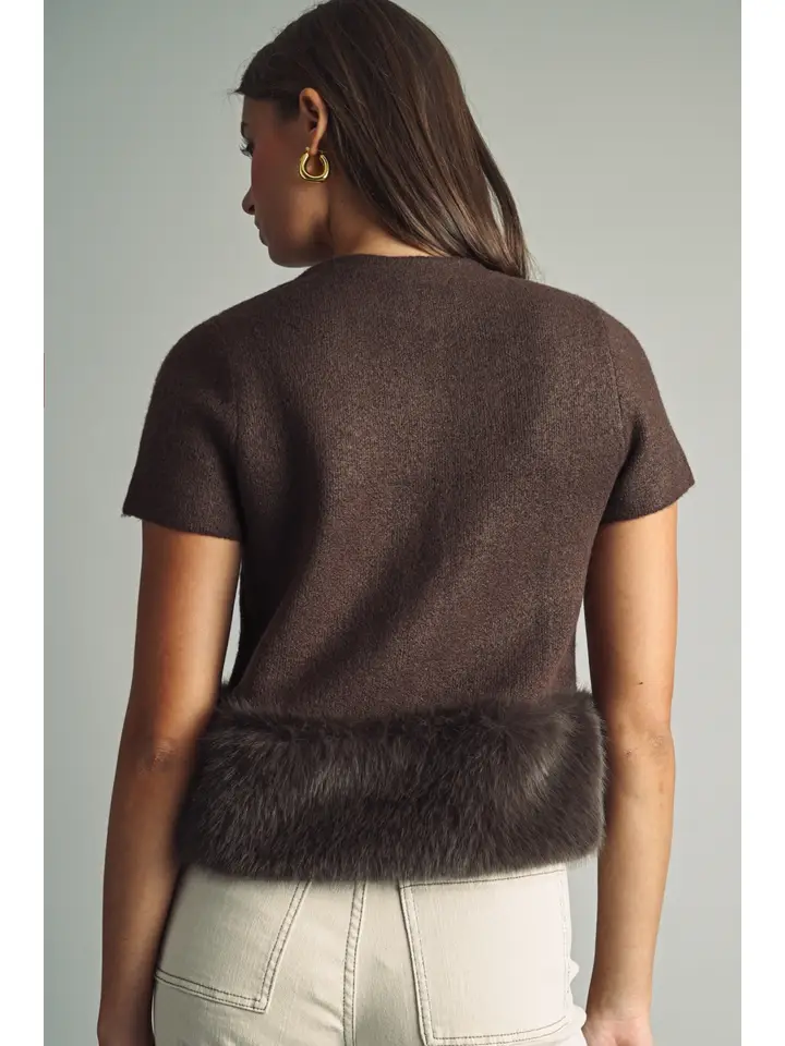 Fur Trimmed Button Front Knit Top