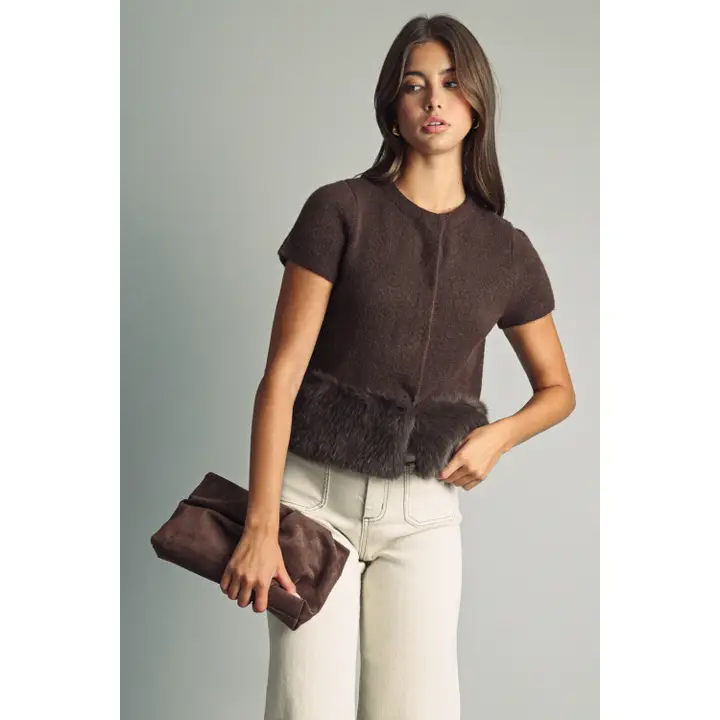 Fur Trimmed Button Front Knit Top