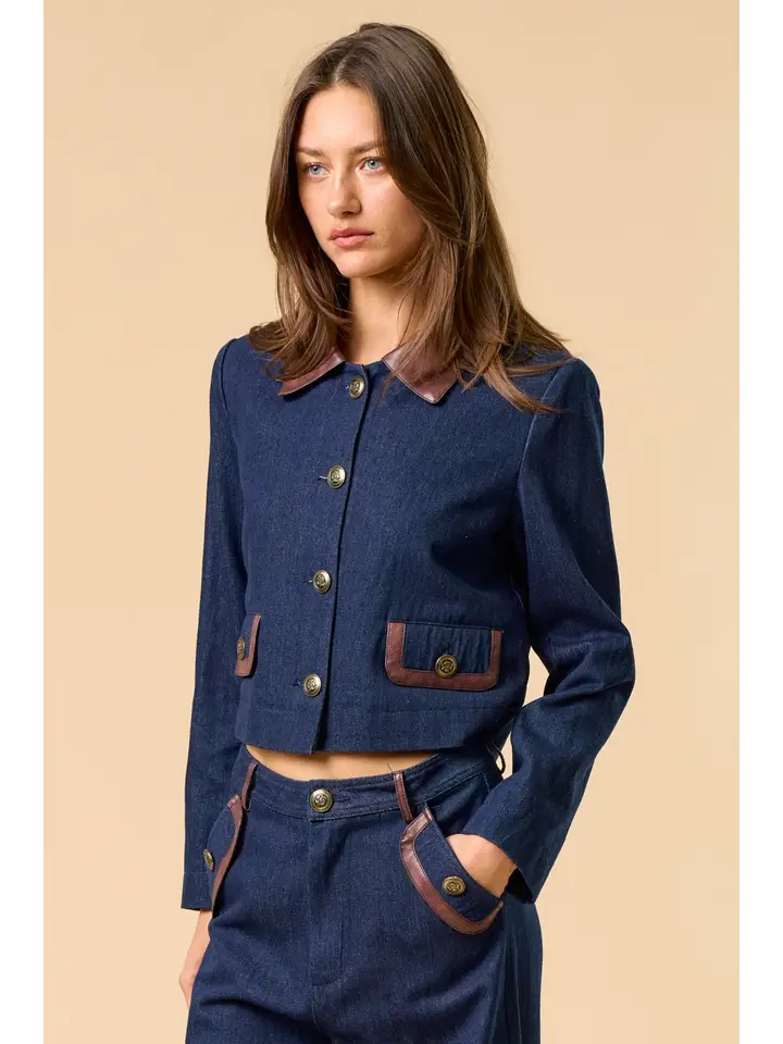 Denim Button Down Jacket with Contrast
