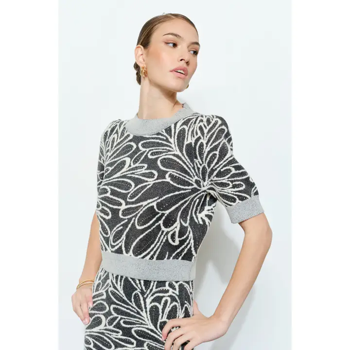 Glitter Detail Abstract Jacquard Knit Top
