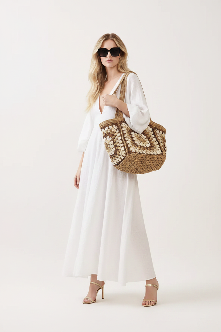 Vintage Granny Square Tote — White Dress Model
