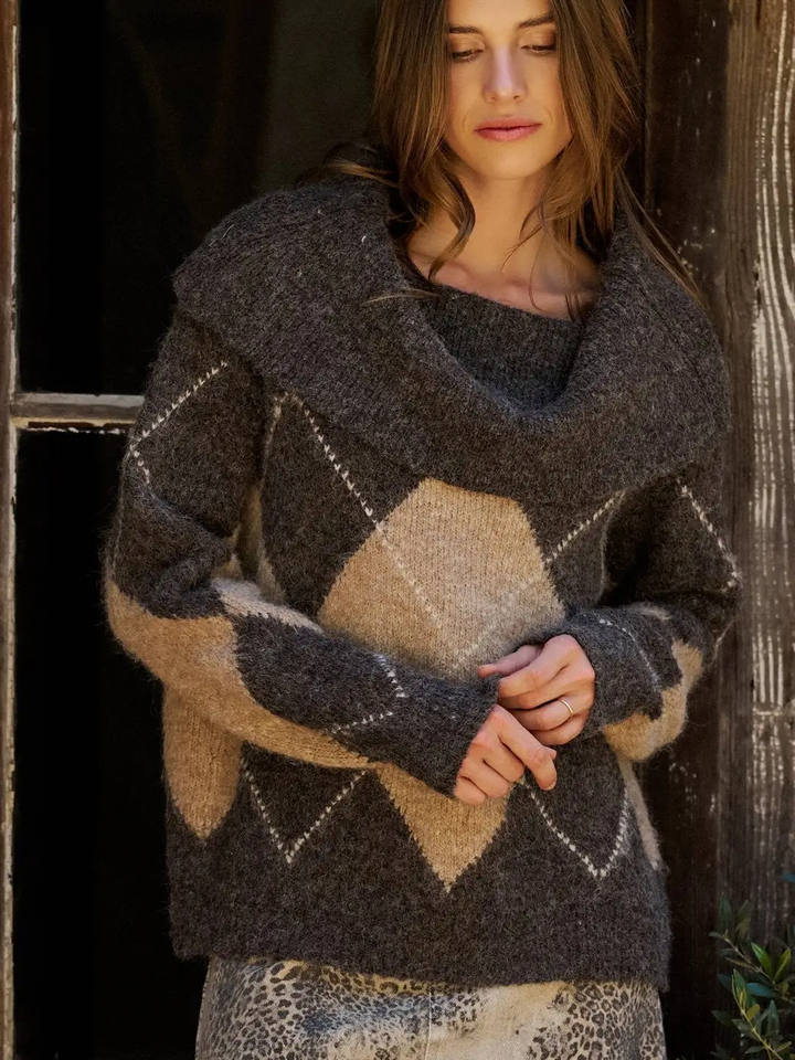 Argyle Knit Sweater with Convertible Cowl Neck