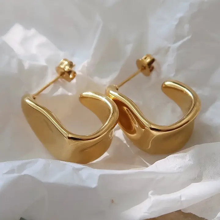 Ninelle 18K Gold Non Tarnish Sculpted Wave Hoop Earrings