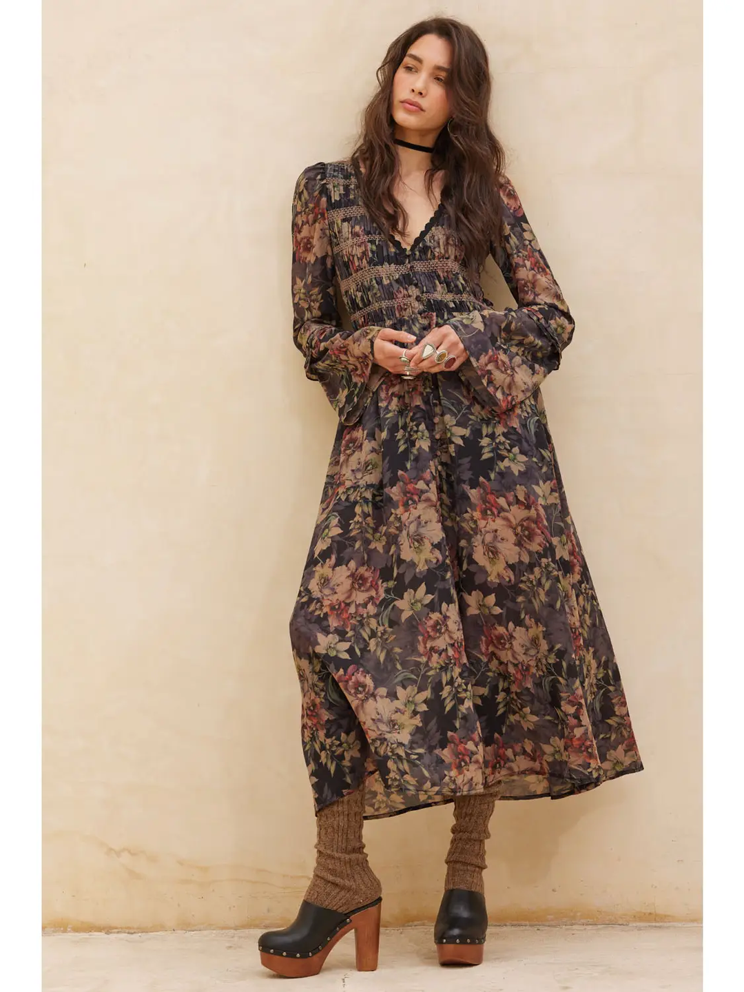 Floral Button-Front Smocked Bell-Sleeve Midi Dress