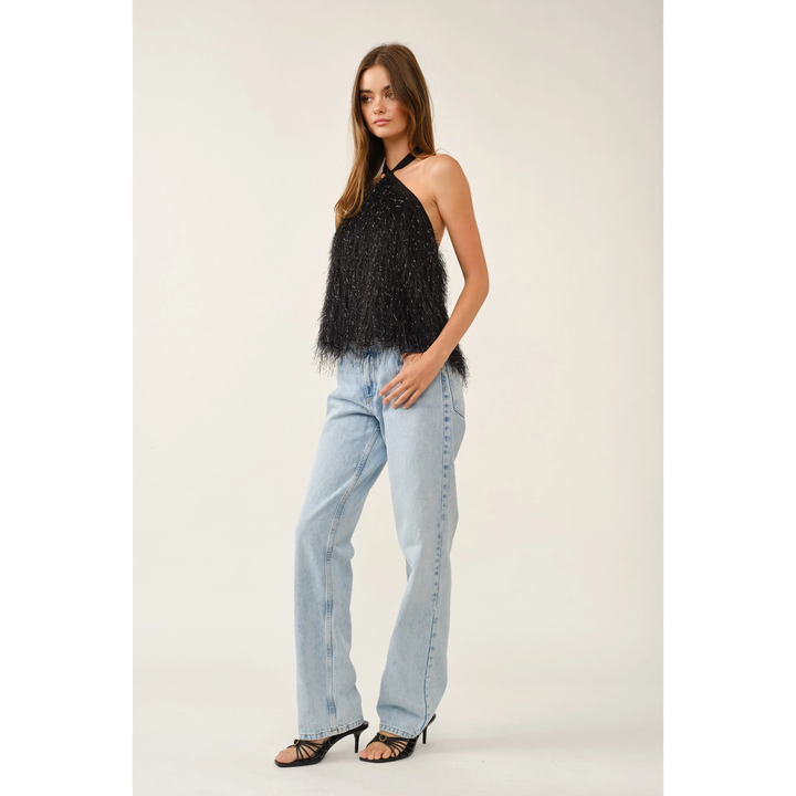 Crisscross Halter Neck Feather Fringe Top