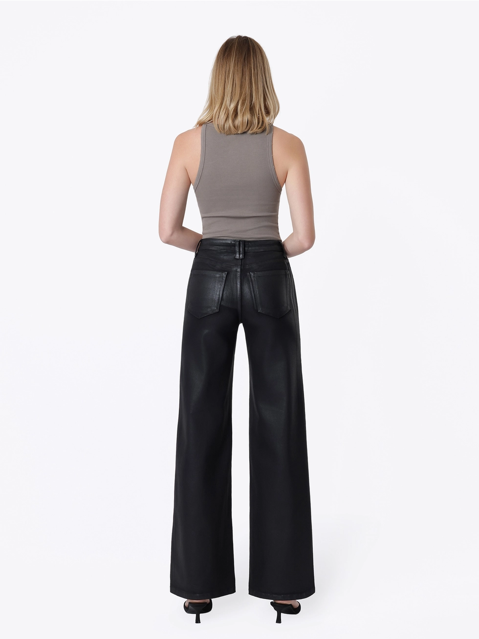 High Rise Patch Pocket Black Coated Wide Leg Jeans