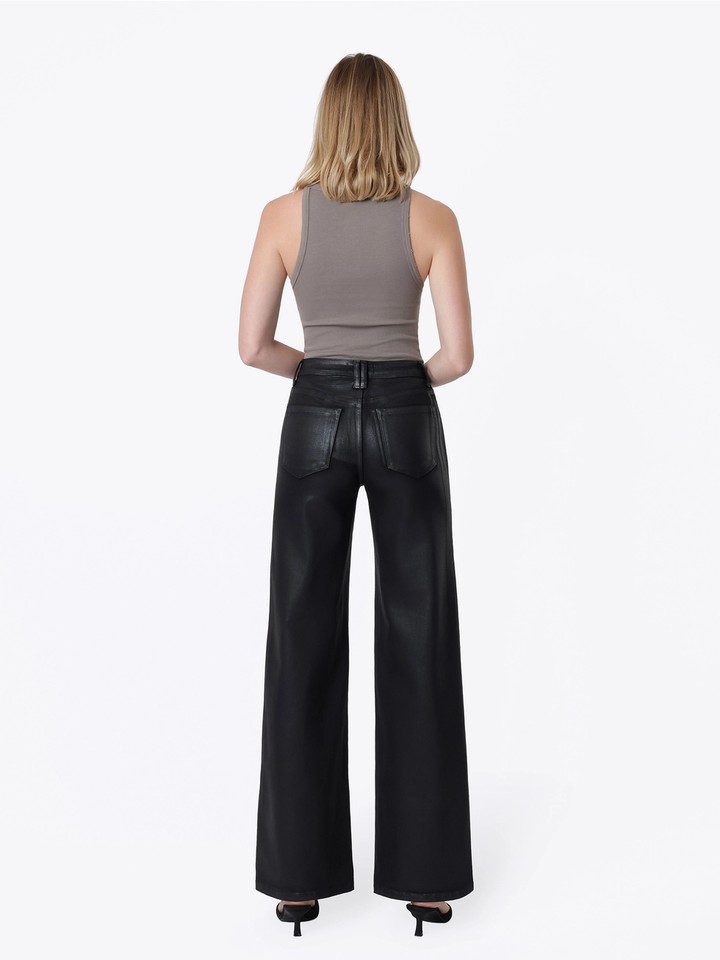 High Rise Patch Pocket Black Coated Wide Leg Jeans