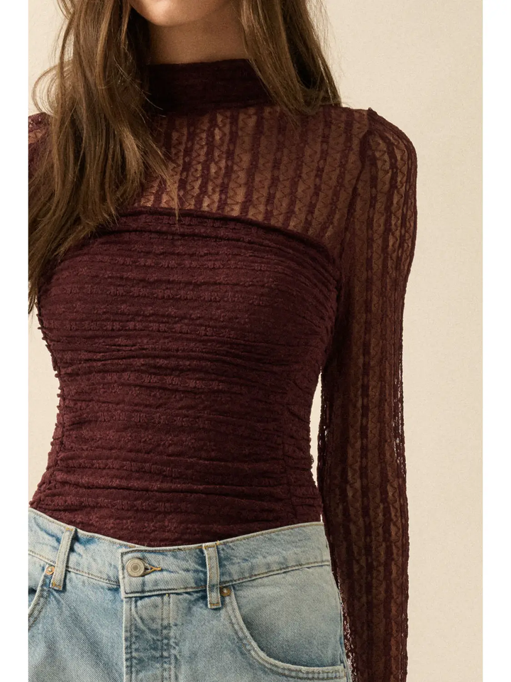Striped Floral Lace Ruched Bodysuit ( Available in Baked Plum))