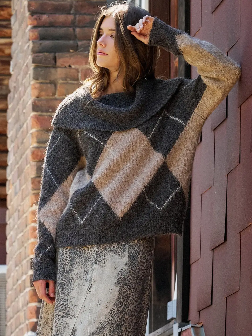 Argyle Knit Sweater with Convertible Cowl Neck