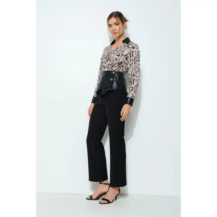 Animal Print Faux Leather Detail Peplum Top