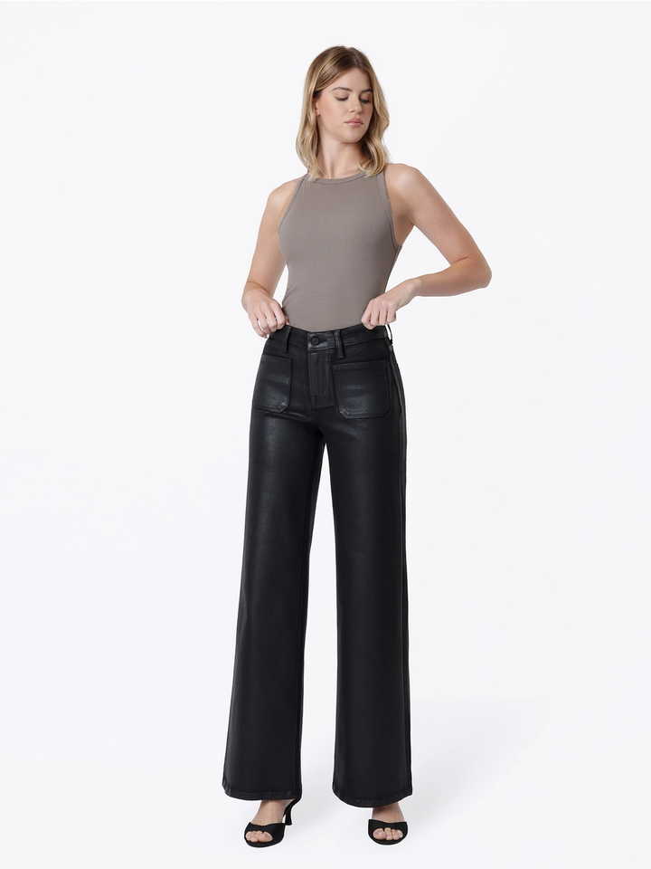High Rise Patch Pocket Black Coated Wide Leg Jeans