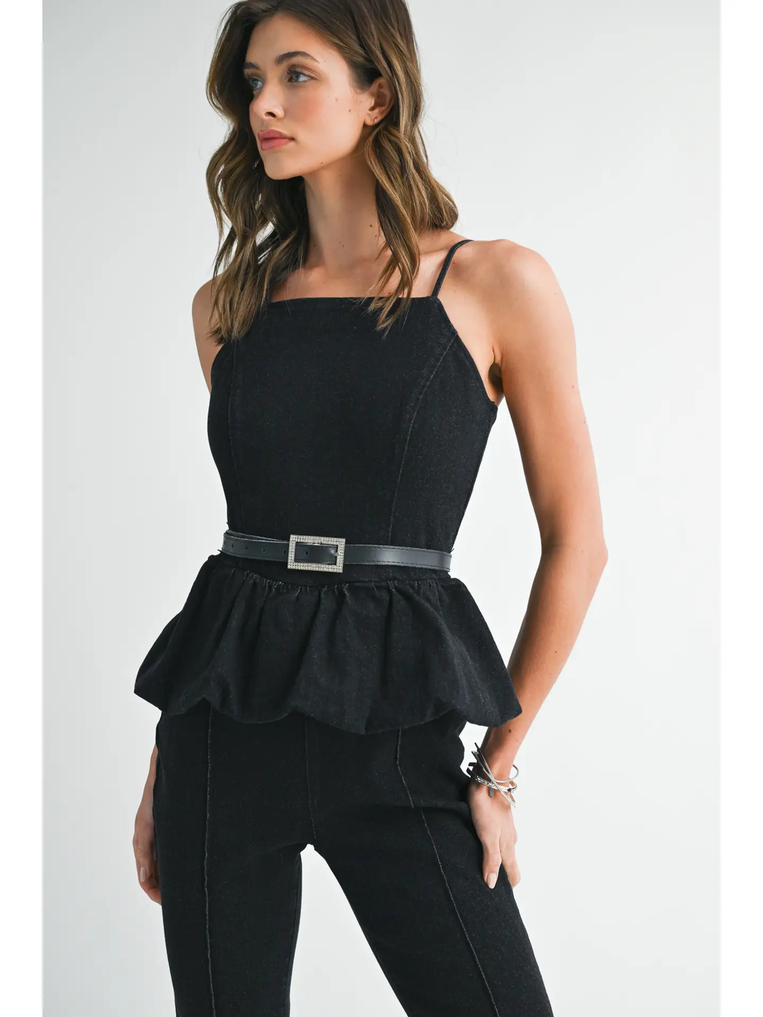 Rhinestone Belted Denim Boot Cut Romper
