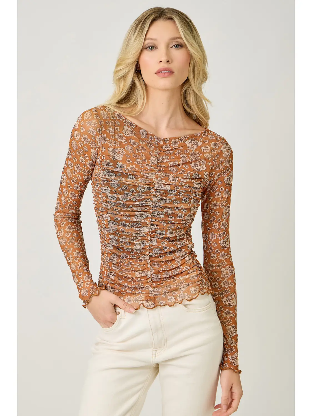 Lettuce Hem Mesh Print Top