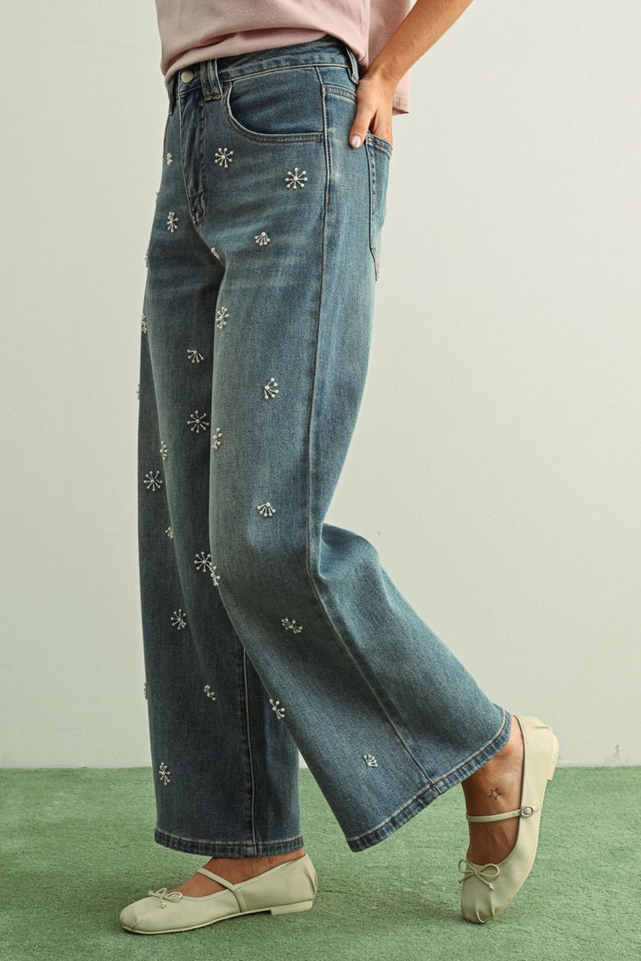 Washed Denim With Bead Trim Jeans