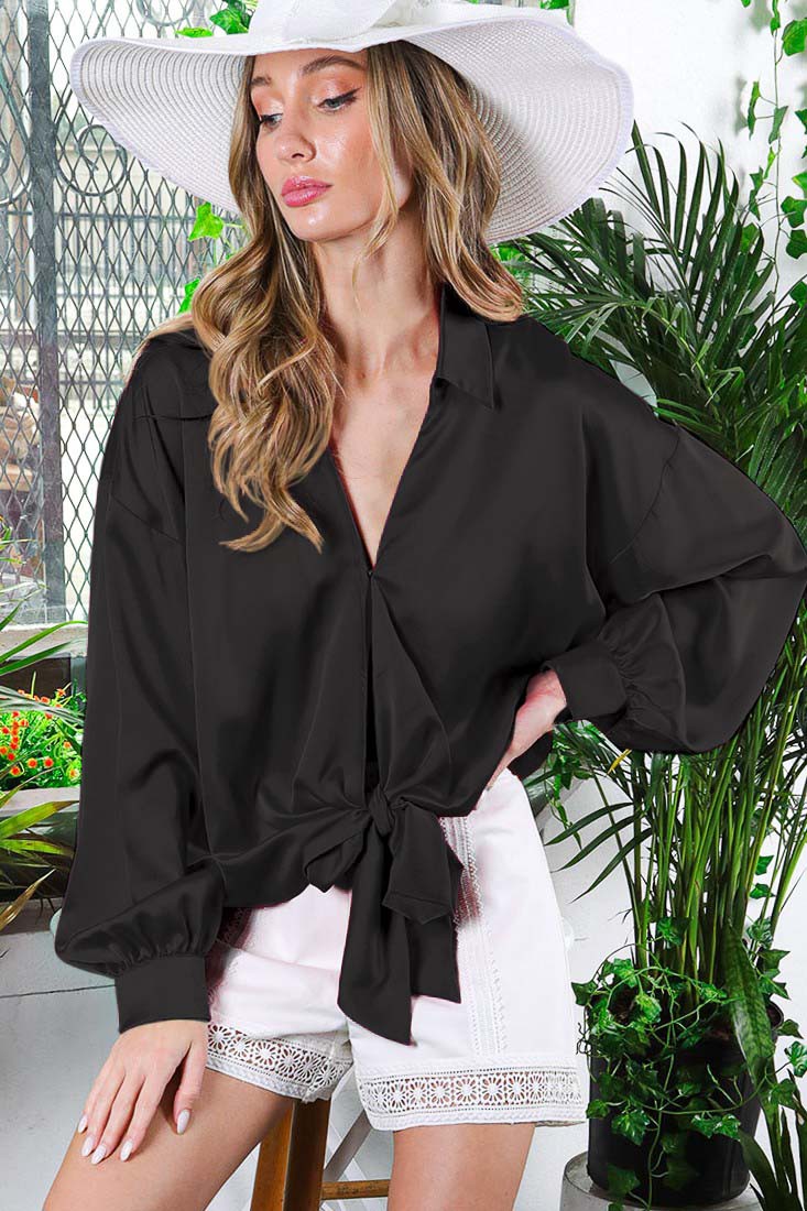 Ladan Long Puff Sleeve Tie Front Satin Blouse