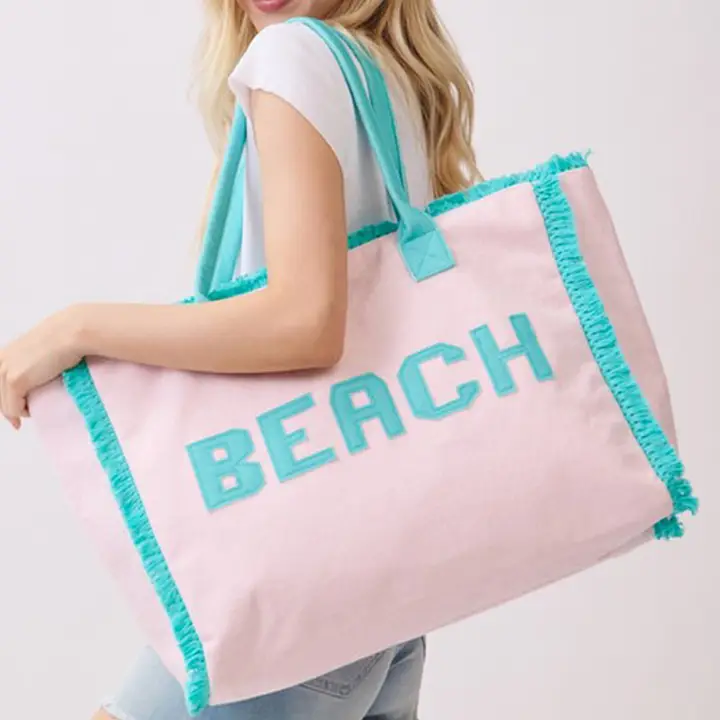 Embroidered Beach Letter Terry Cloth Frayed Tote Bag