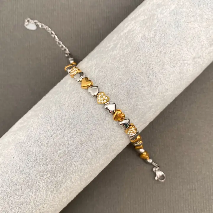 Zircon Inlaid Two Tone Heart  Bracelet