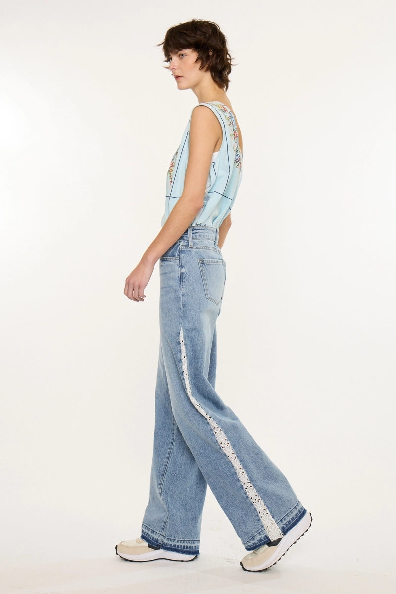 High Rise Lace Trim Wide Leg Jean