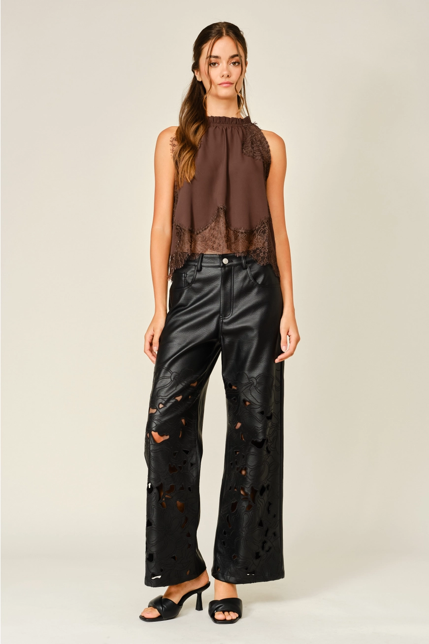 Vegan Leather Floral Cutout Wide Pants
