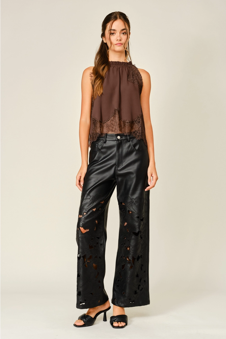 Vegan Leather Floral Cutout Wide Pants