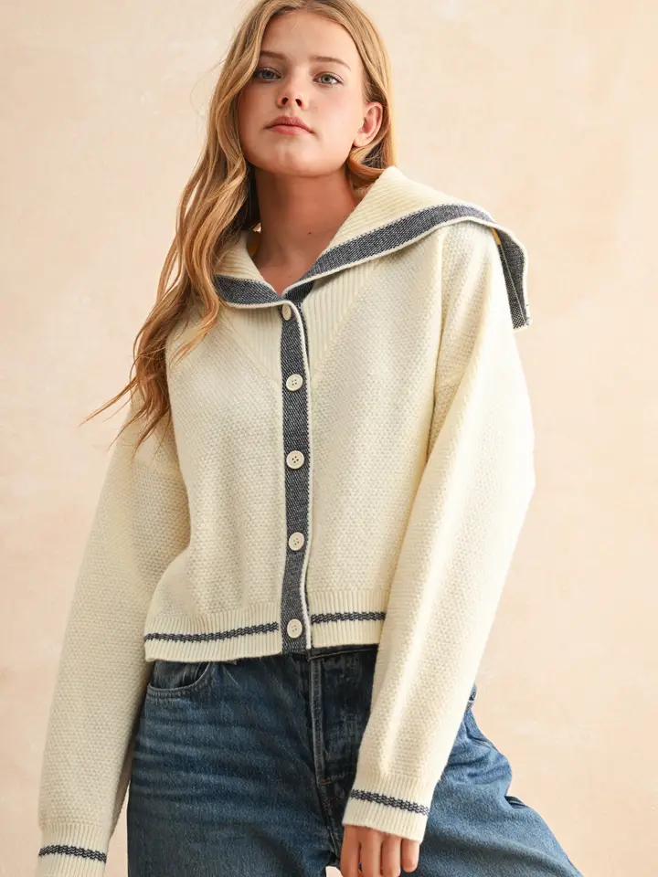 Color Contrast Sailor Style Sweater Cardigan