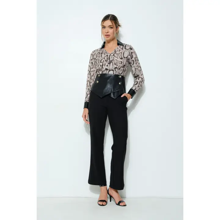 Animal Print Faux Leather Detail Peplum Top