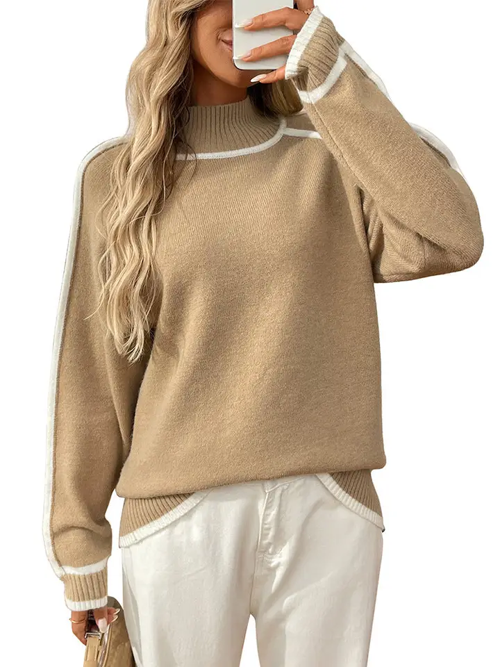 Colorblock Mock Neck Pullover Knit Sweater