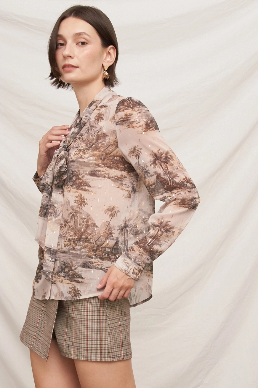 Printed Tie Neck Blouse with Lurex Accents