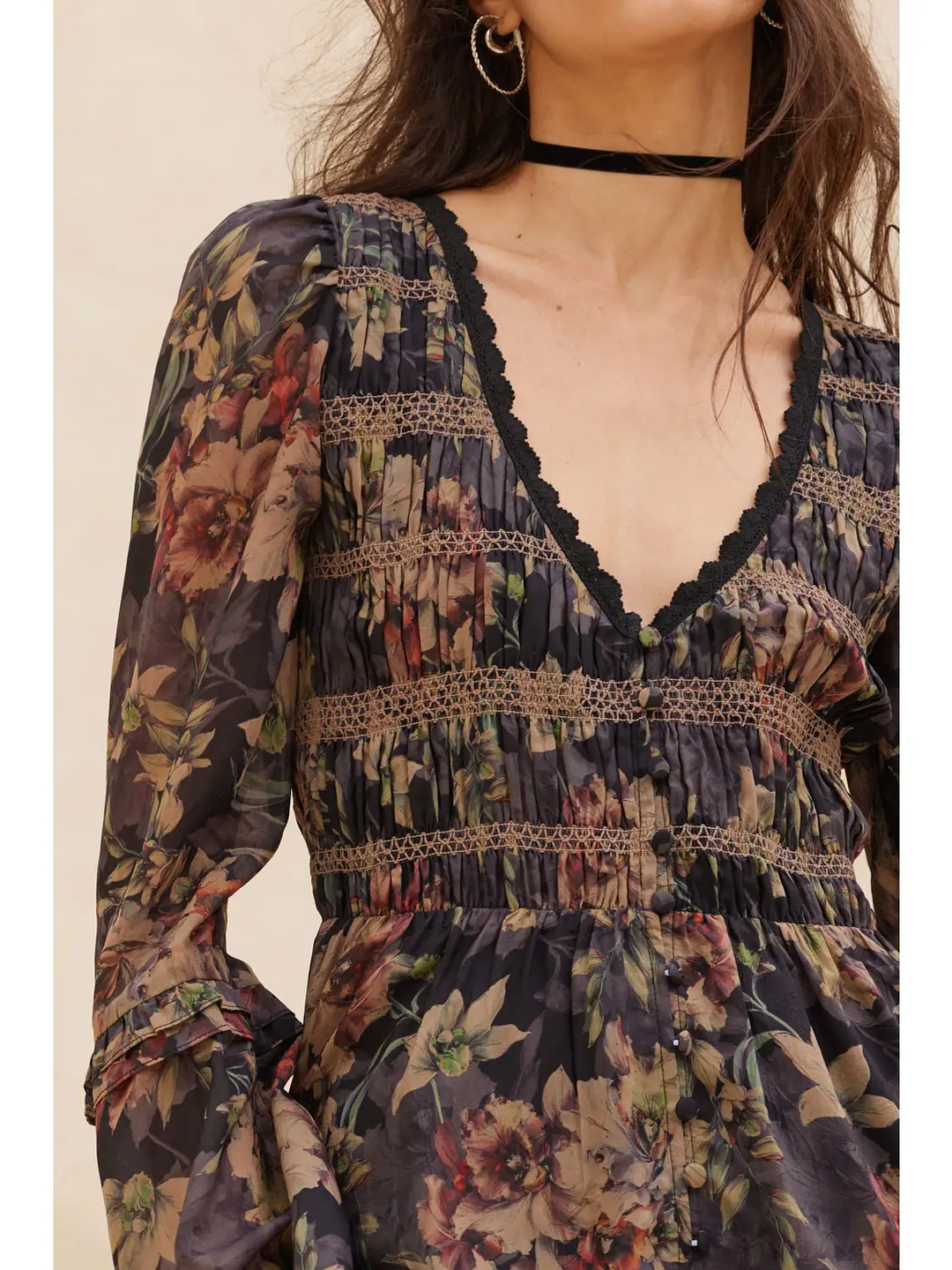 Floral Button-Front Smocked Bell-Sleeve Midi Dress