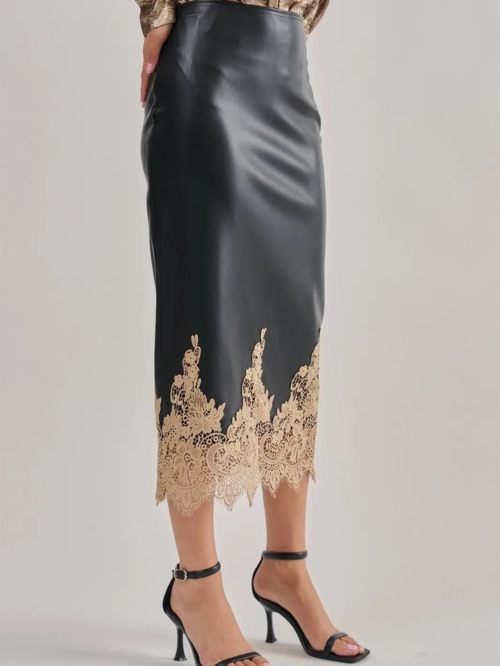 Faux Leather Midi Skirt with Lace Hem