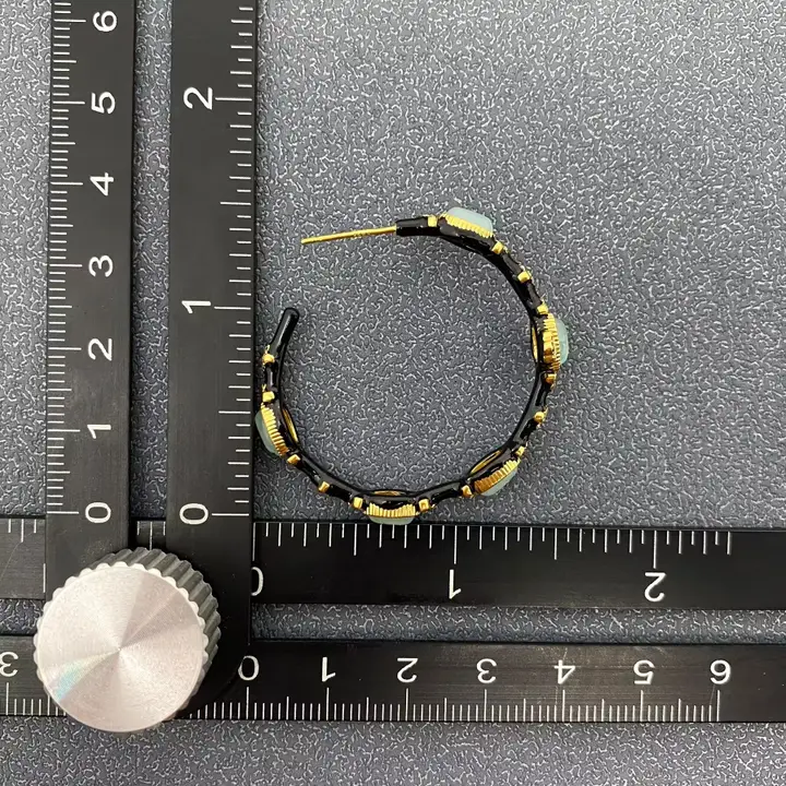 Green Aventurine Black Enamel Hoop Earrings