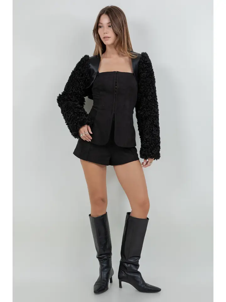 Pu + Sherpa Combo Bolero Moto Jacket