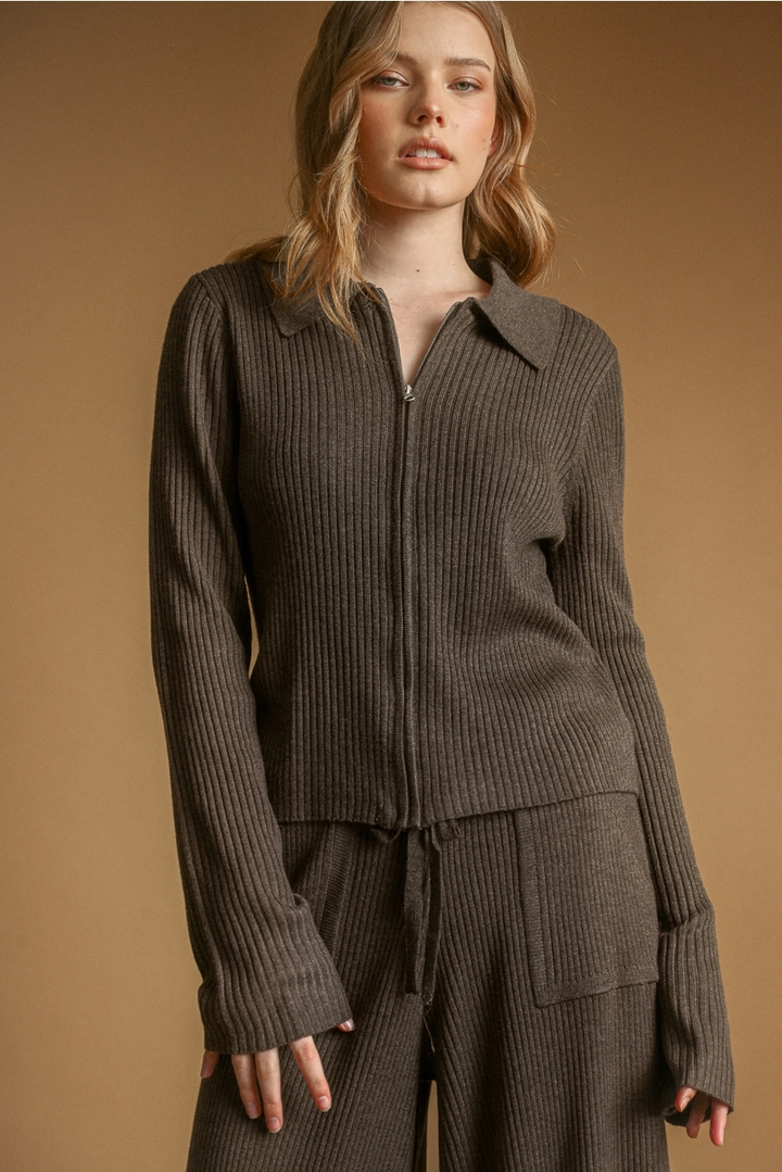 Zip Up Ribbed Knit Top