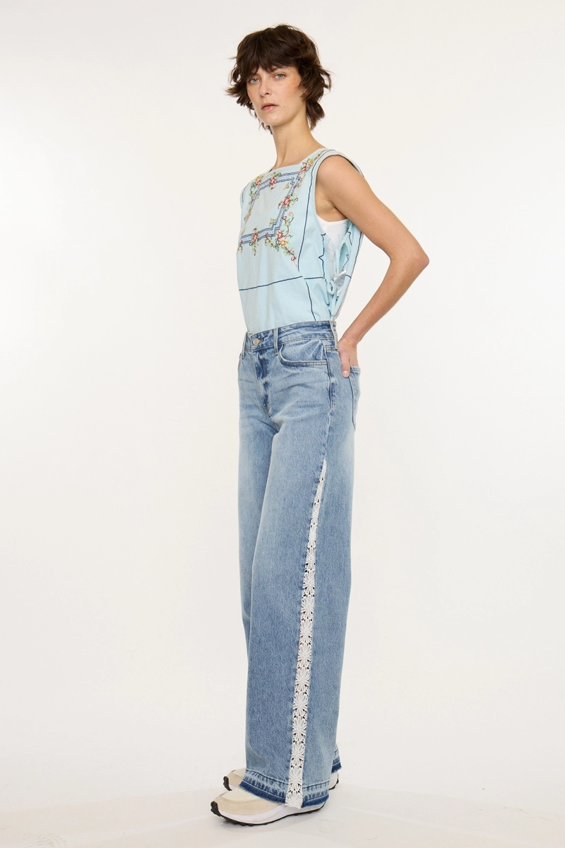 High Rise Lace Trim Wide Leg Jean