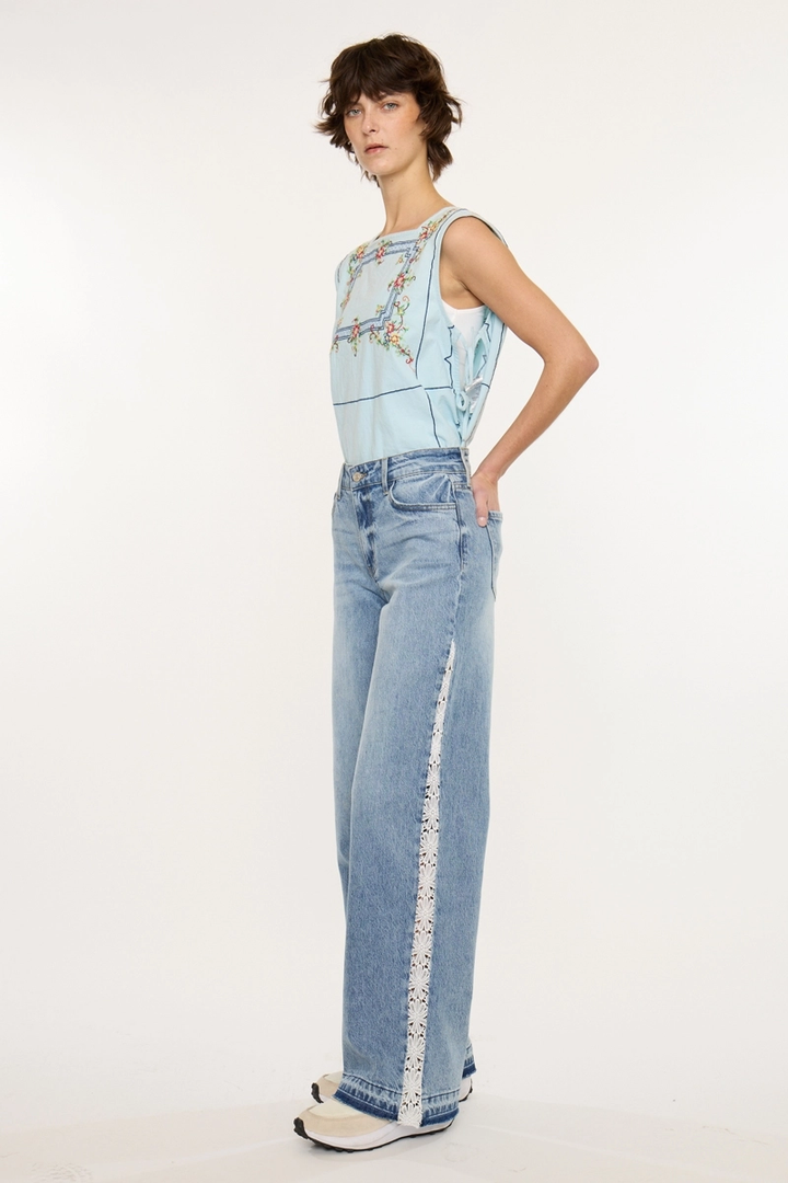 High Rise Lace Trim Wide Leg Jean