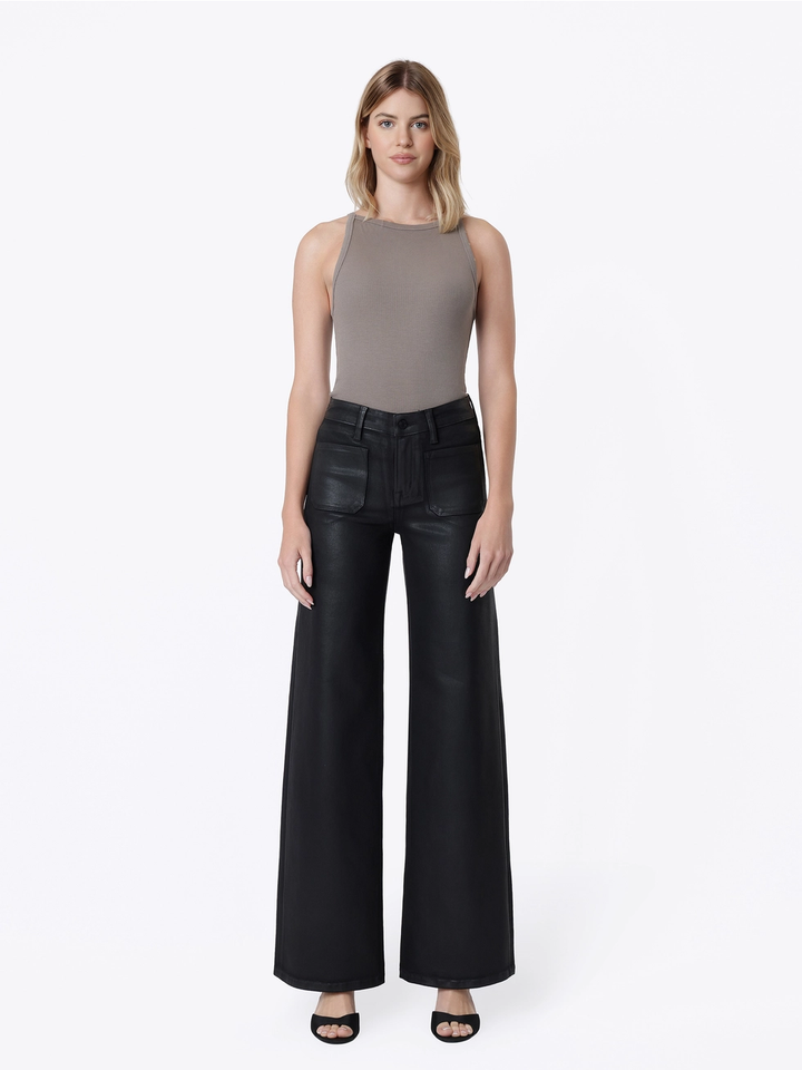 High Rise Patch Pocket Black Coated Wide Leg Jeans