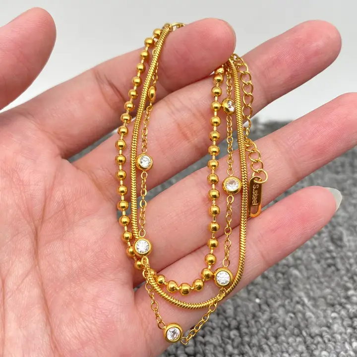 Inlaid Cz 3-layer 18K Gold Plated Steel Chain Bracelet