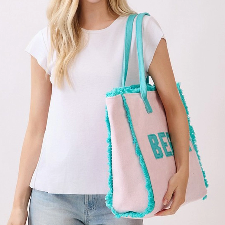 Embroidered Beach Letter Terry Cloth Frayed Tote Bag