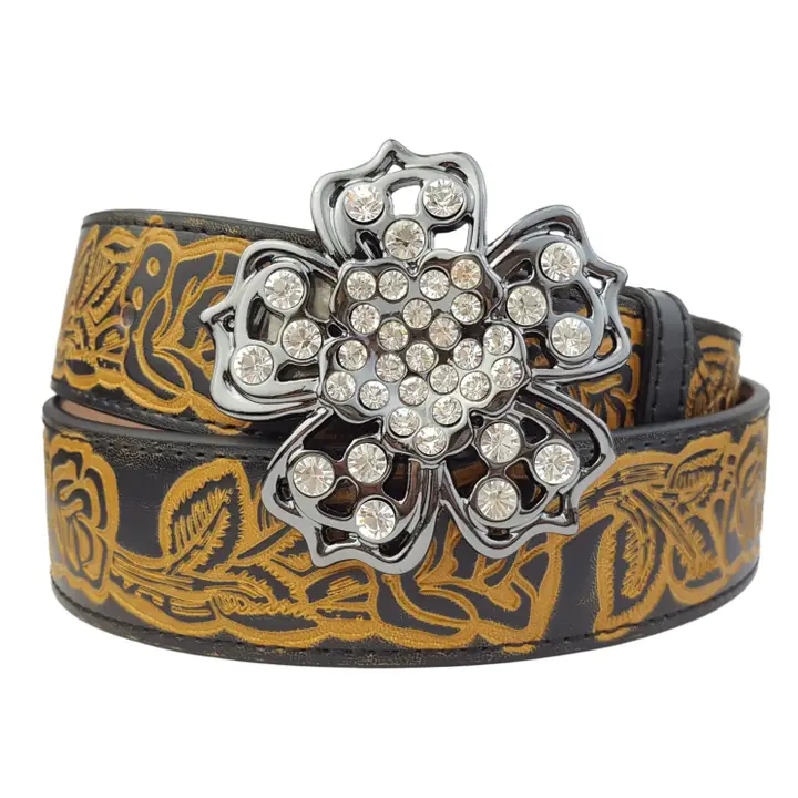 Crystal Floral Buckle with Hand Painted Rose Belt