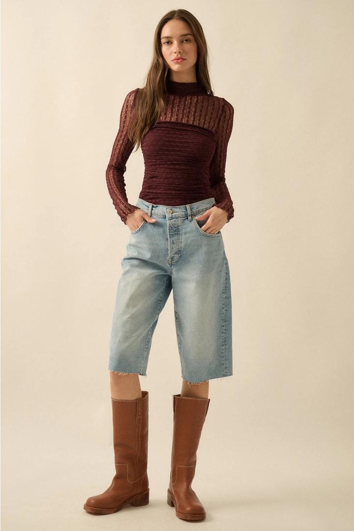 Striped Floral Lace Ruched Bodysuit ( Available in Baked Plum))