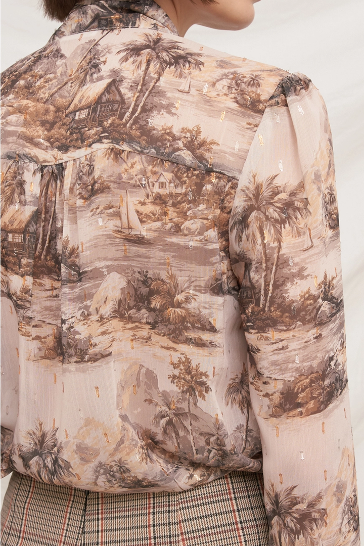 Printed Tie Neck Blouse with Lurex Accents