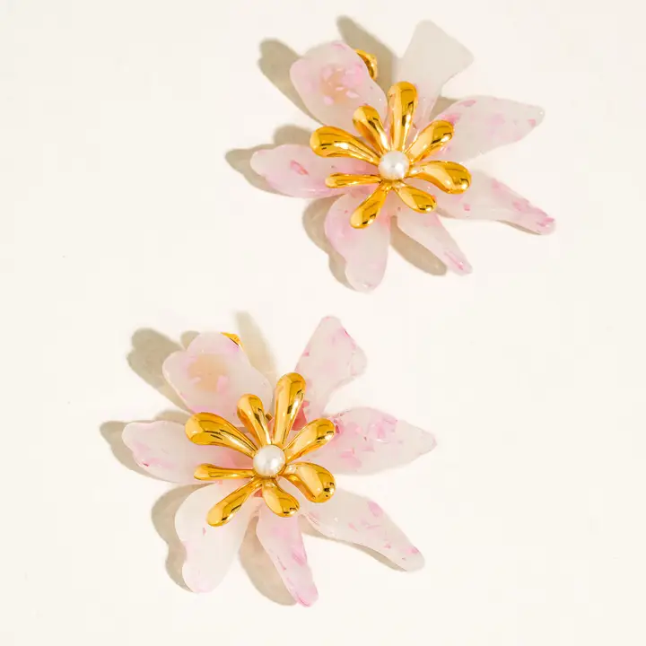 Oona 18K Gold Non Tarnish Pink Floral Statement Earrings