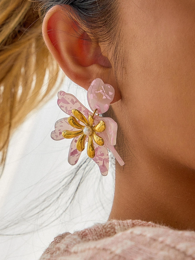Oona 18K Gold Non Tarnish Pink Floral Statement Earrings