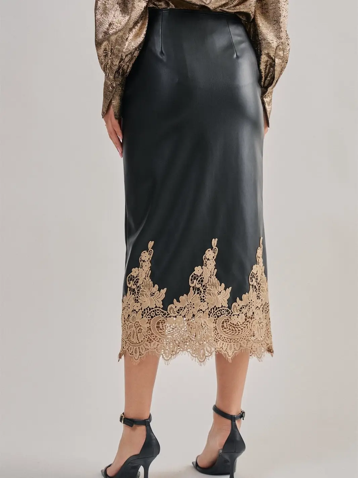 Faux Leather Midi Skirt with Lace Hem