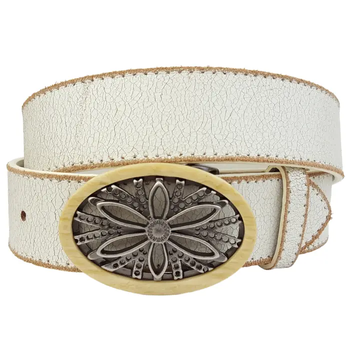 Floral Oval Buckle Leather Belt