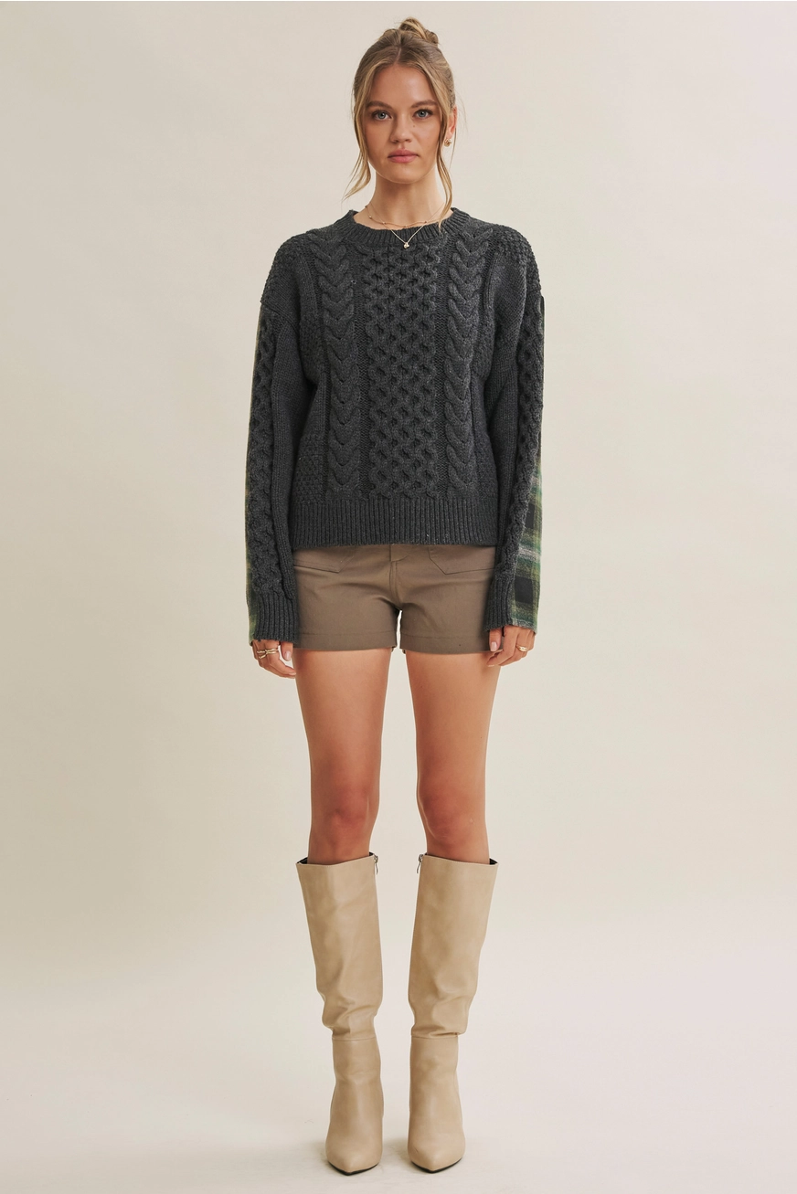 Woodland Plaid Back Mixed Media Cable Knit Sweater Top