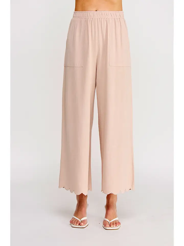 Soft Linen Blend Scallop Hem Elastic Waist Pant