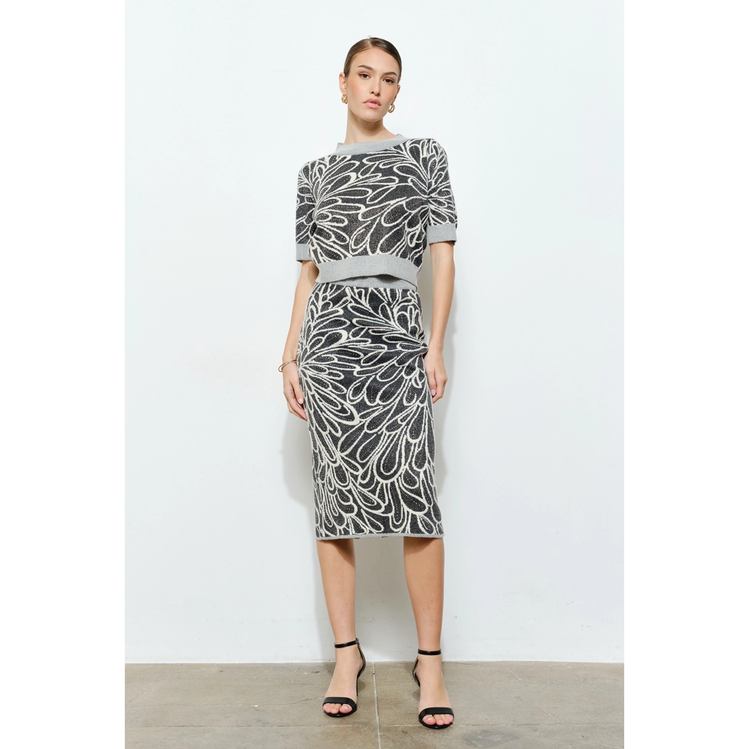 Glitter Detail Abstract Jacquard Knit Top