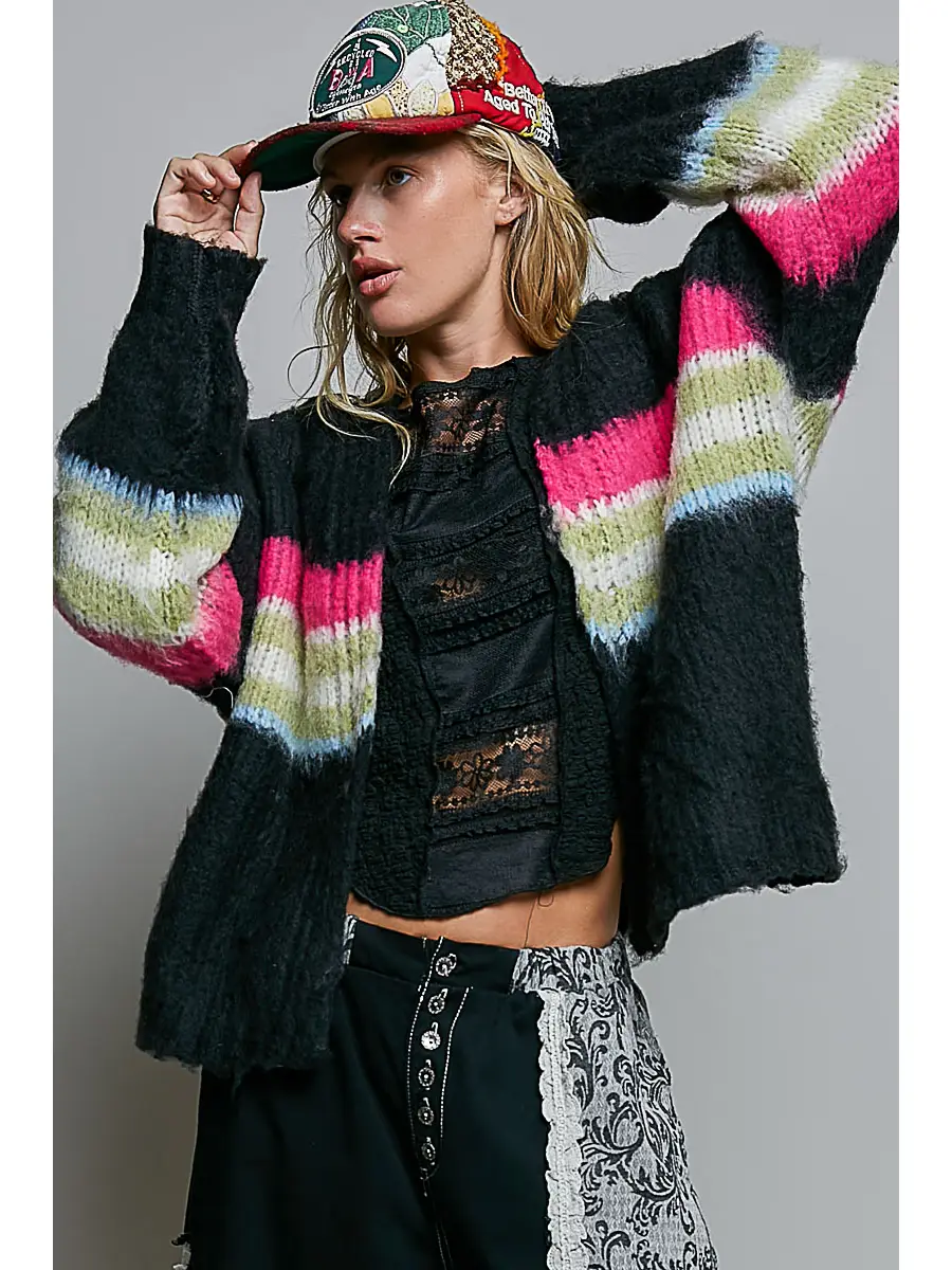 Striped Sweater Open Mohair Cardigan